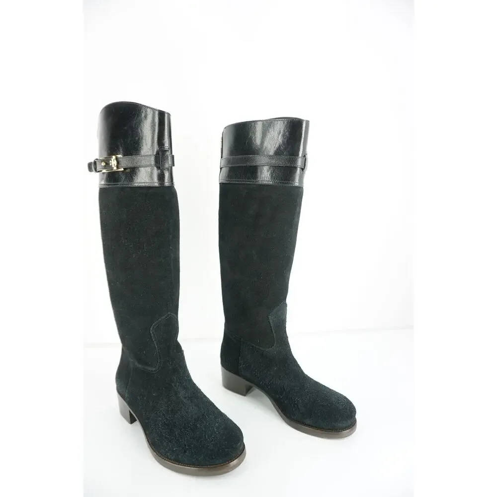 Tory Burch Black Suede Jenna Logo Tall Knee Riding Boots New